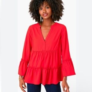 Pomander Place Tuckernuck Kenzo Top Crepe Ruffle Tiered Flowy Shirt Red Small